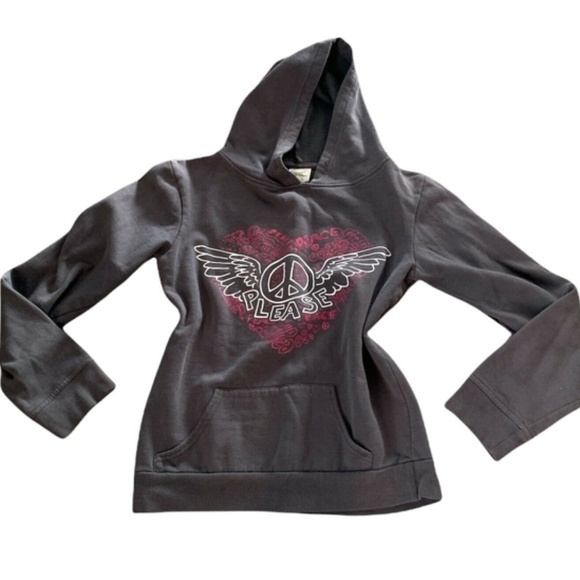 Hybrid Tees Peace Please Gray Hoodie Sweatshirt Sz M Pink White Graphic #247H - Picture 4 of 6